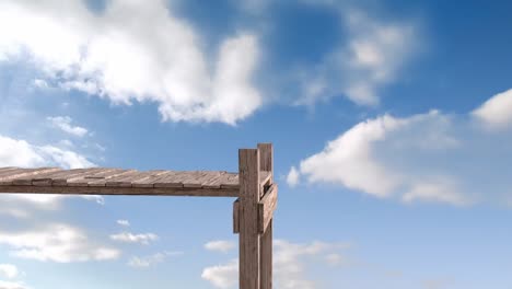 animación de hetty de madera sobre nubes que se mueven en el cielo azul en el fondo