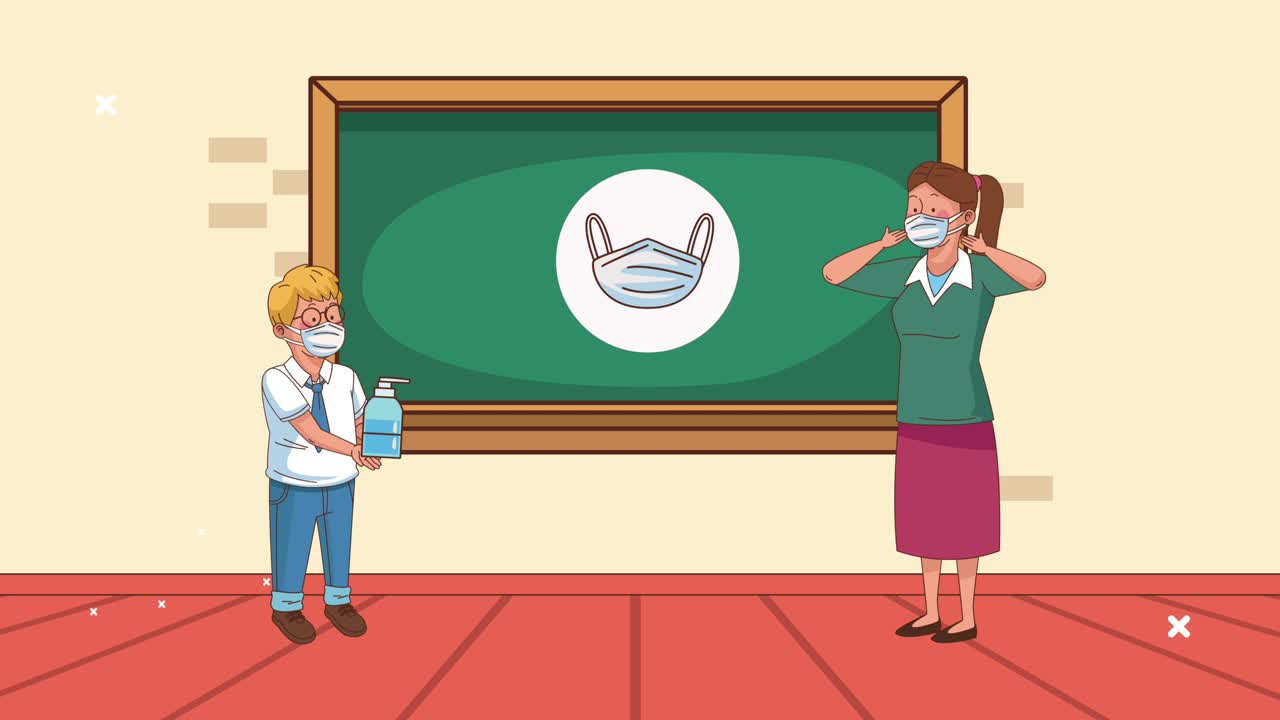 teacher and student boy wearing medical masks in the classroom