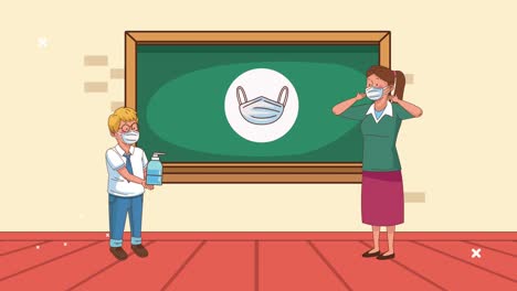 maestro y estudiante con máscaras médicas en el aula