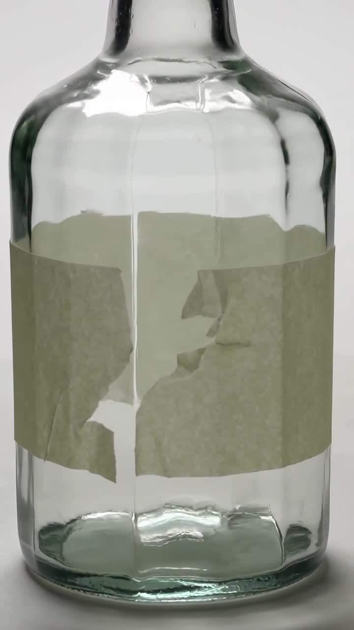 Vertical video: Peeling beige paper tape tearing from glass bottle on tabletop, exposing midsection