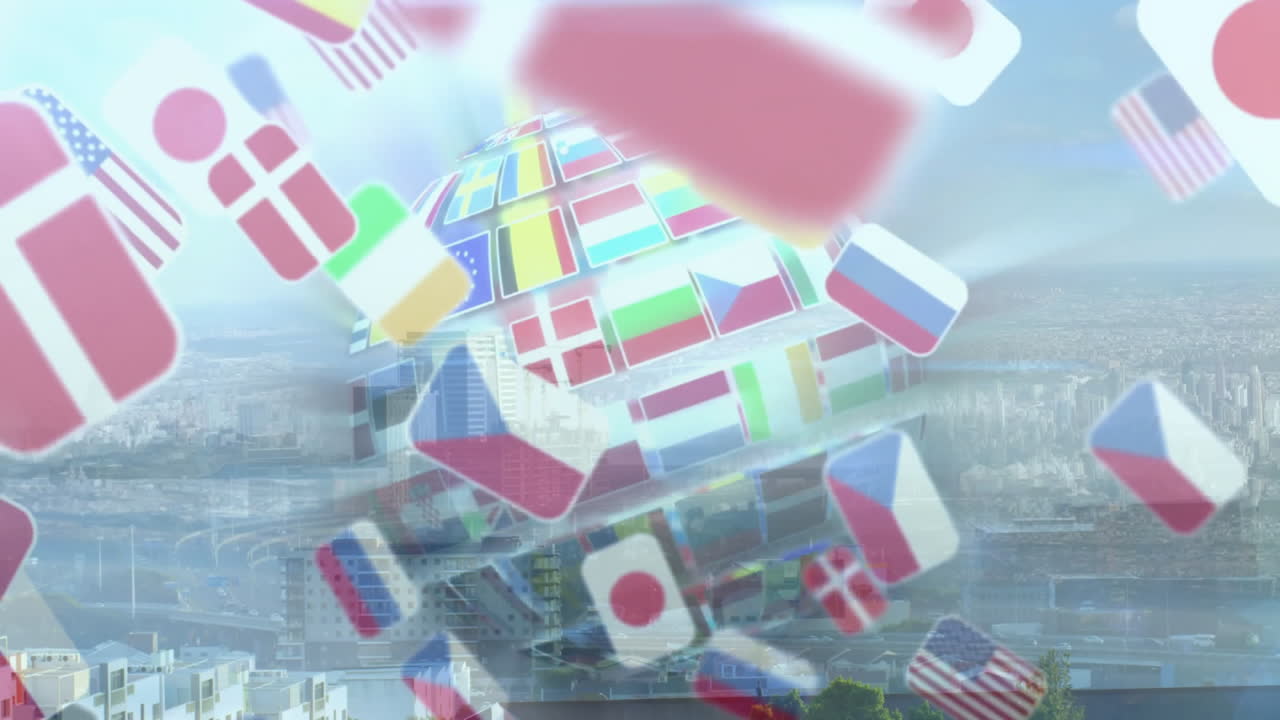 Flags of various countries animation over cityscape background