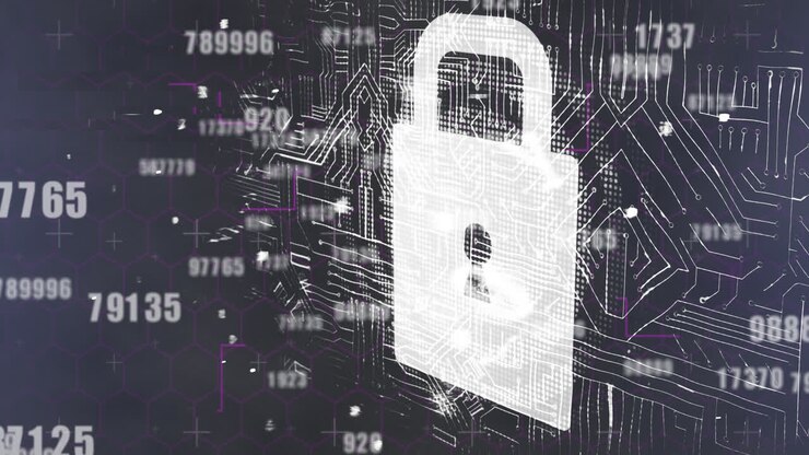 Digital animation of multiple changing numbers against security padlock icon against microprocessor