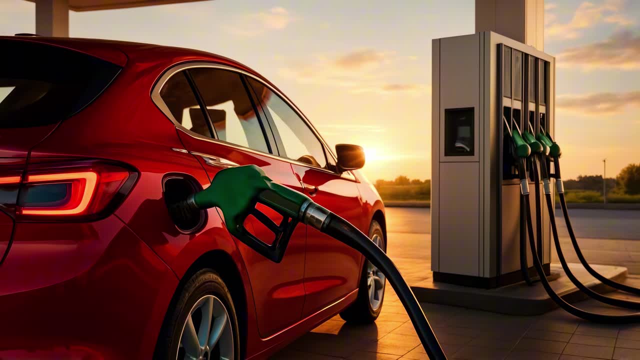 Low-angle video shot of a red car refueling at a gas station during sunset, highlighting the fuel