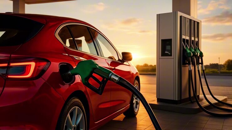 Low-angle video shot of a red car refueling at a gas station during sunset, highlighting the fuel