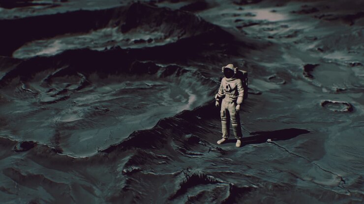 Astronaut exploring lunar surface under the glow of distant stars