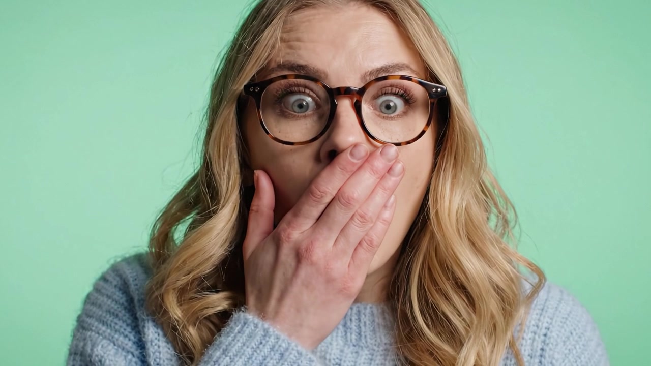A Surprising Moment Captured: Woman in Eyeglasses Displays Shock and Alarm in Two Sequential Frames, Highlighting Intense Emotions Against a Vibrant Background