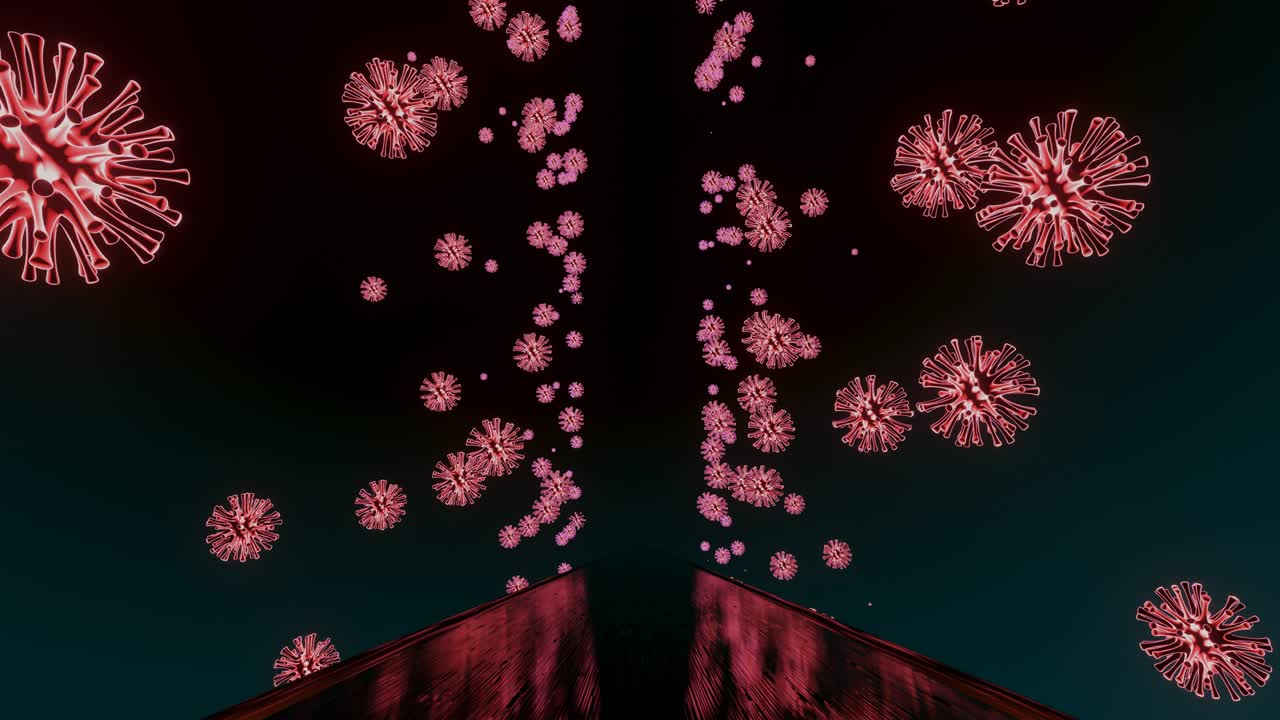 바이러스 세포의 복도에 있는 경로의 4k 애니메이션으로, 어두운 그라디언트 배경에서 바닥에서 반사됩니다.