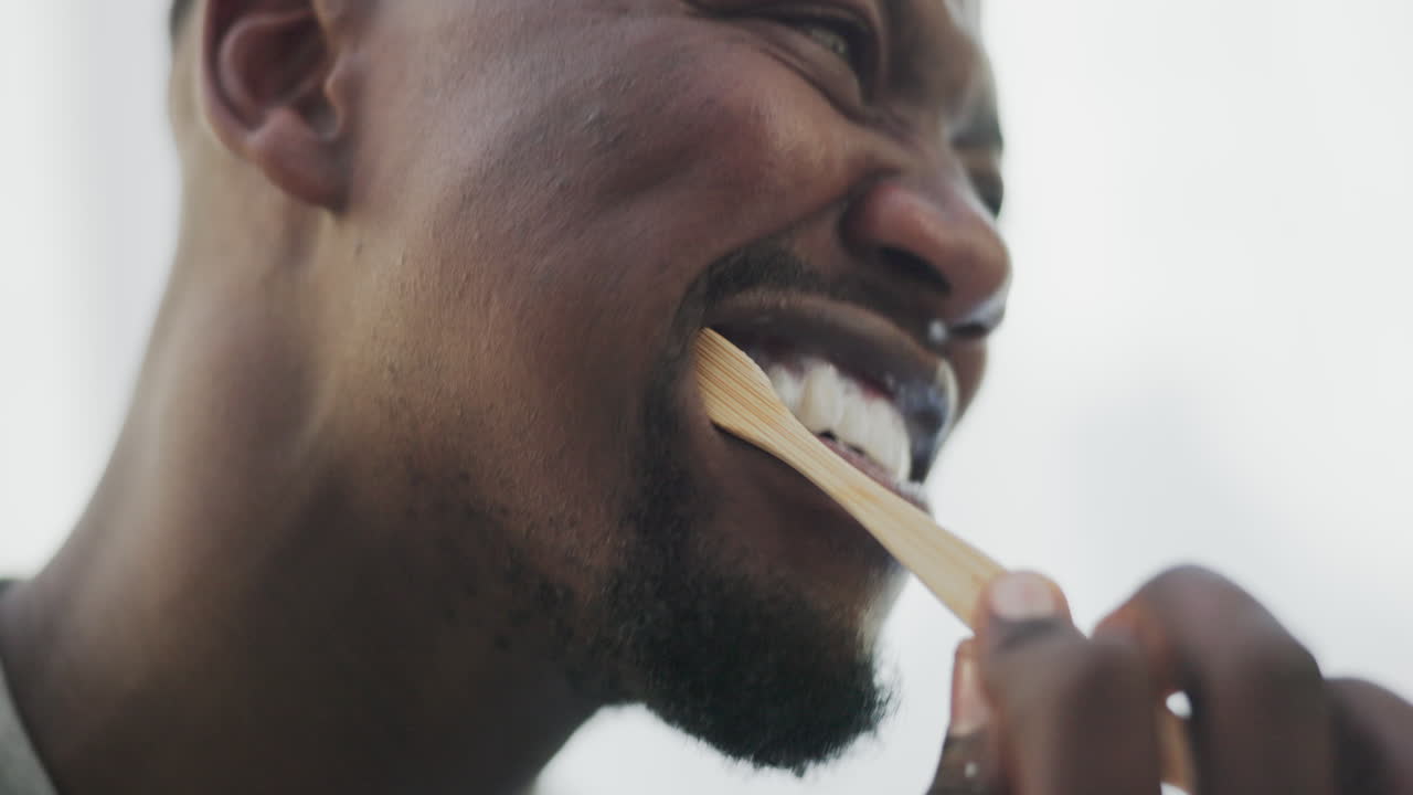 Brushing teeth, cleaning and black man