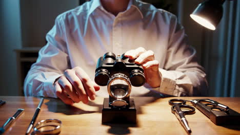craftsman performing precision work with a magnifying tool at a workbench