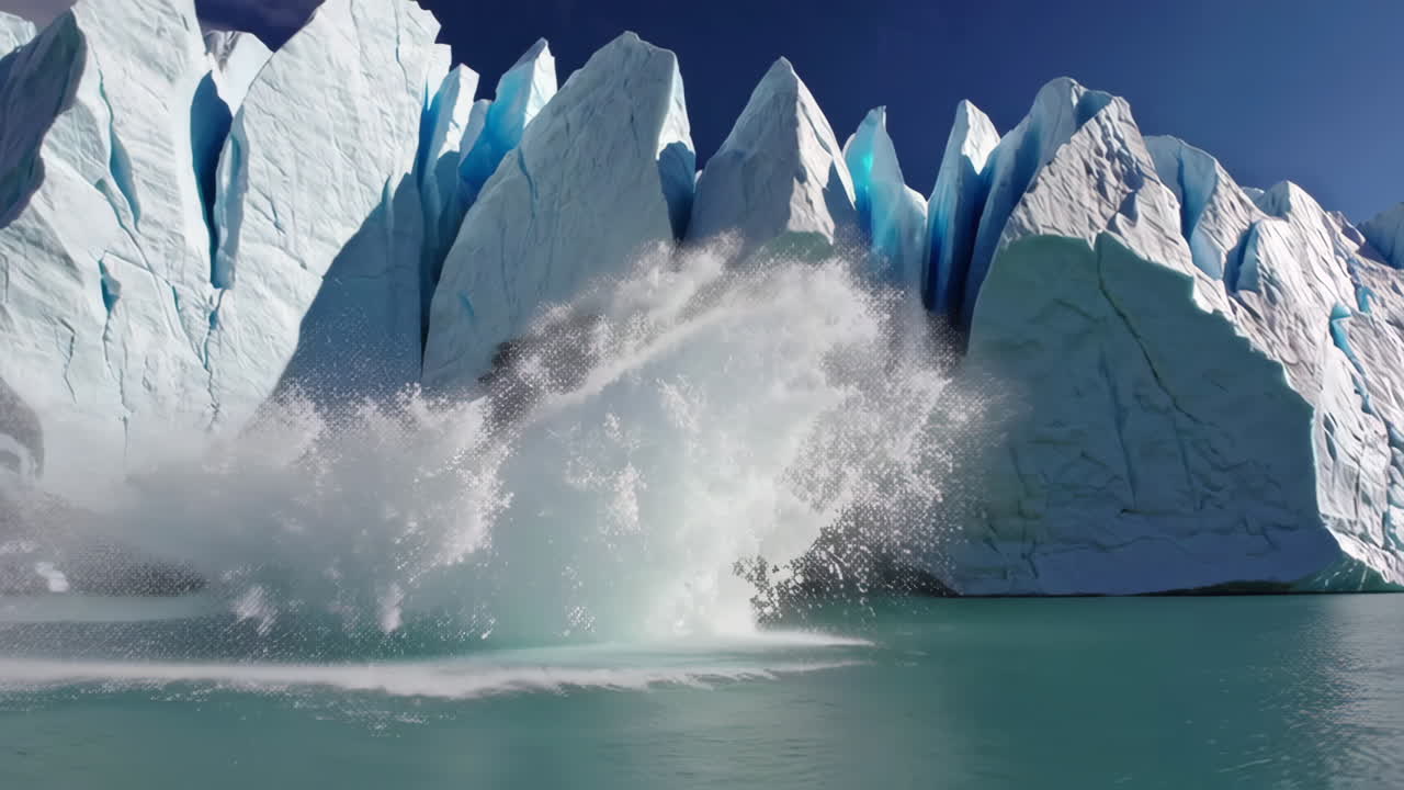 Glacier Calving into a Frozen Lake