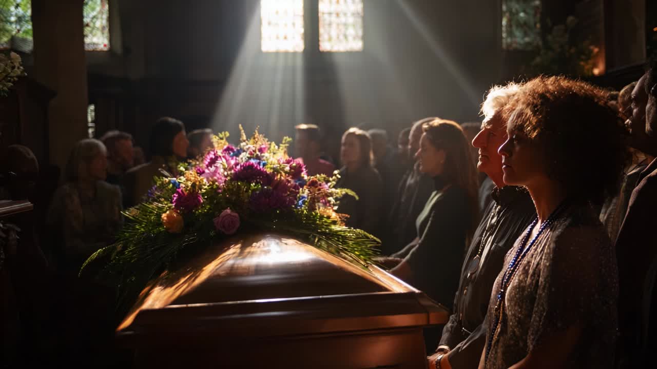 A somber gathering at a memorial service where mourners pay their respects in a beautifully lit setting, surrounded by floral arrangements, capturing the essence of loss and remembrance