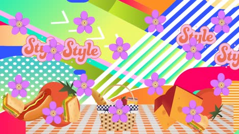 animation of purple flowers, style texts, bread, hotdog, sandwich, tomatoes over abstract background