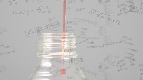 Animation-of-mathematical-equations-over-chemical-pouring-into-a-bottle-against-grey-background