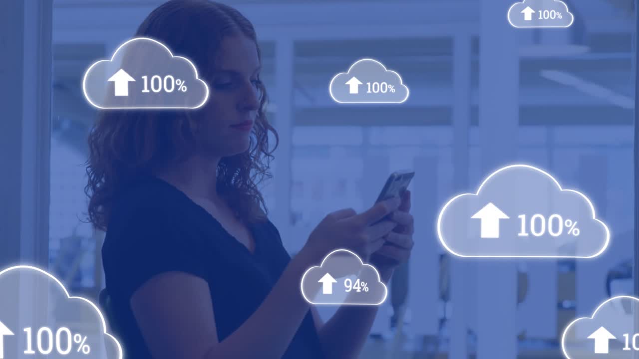 Animation of cloud icons with growing number over caucasian businesswoman using smartphone