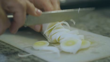 cortar verduras con un cuchillo afilado, detalles de un puerro