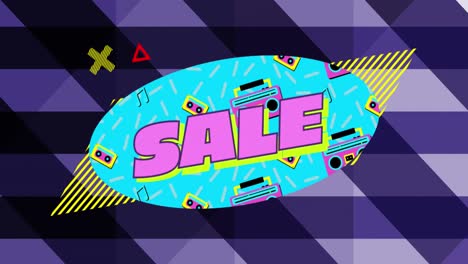 Sale-graphic-on-blue-oval-with-tape-players-and-purple-striped-background-4k