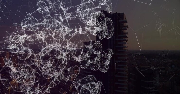 Fade-in initiating white wireframe network expanding, rotating over dusk skyline for molecular demo