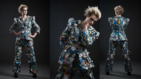 striking fashion statement: a model showcases a unique suit made from recycled materials, blending art and environmental consciousness in a bold presentation