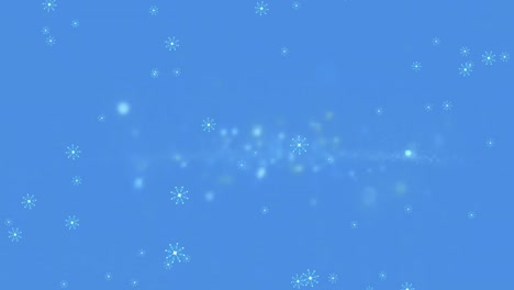 Animation-of-winter-scenery-with-snowflakes-falling-on-blue-background