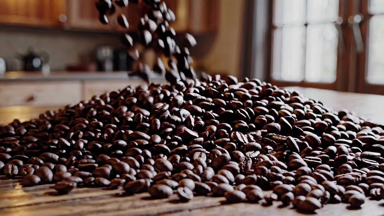 Video ravvicinato di chicchi di caffè che si riversano su un tavolo di legno in una cucina accogliente, ripreso da un'angolazione bassa
