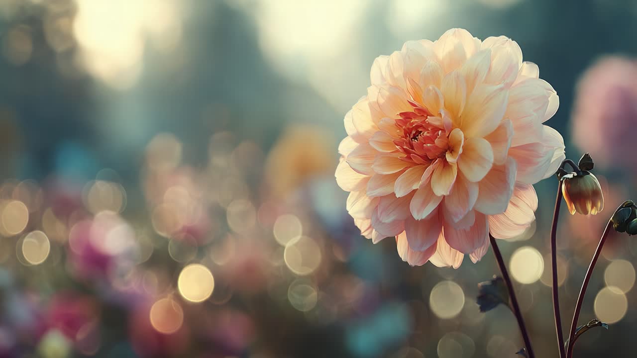 A Dazzling Blossom: Capturing the Delicate Beauty of a Peach Dahlia Flower Amidst a Glimmering Background of Floral Wonderland