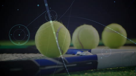 tennis ball being tracked over racket strings in flat design, hud indicators floating across court