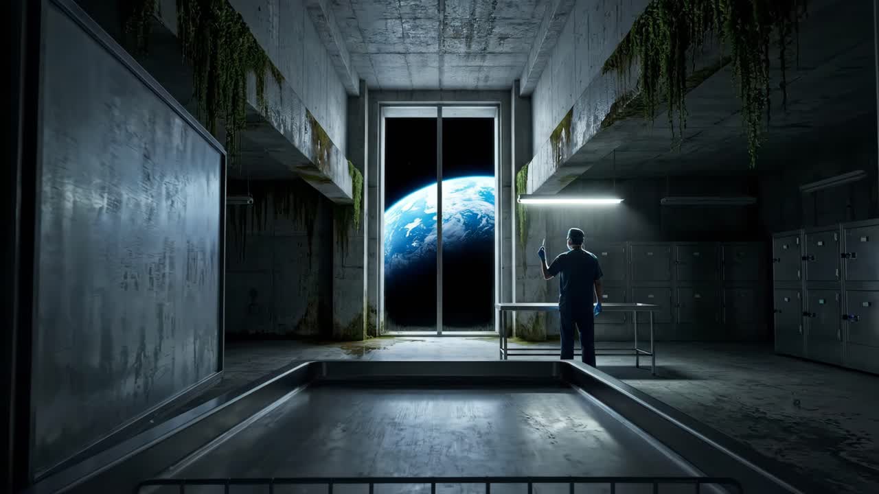 Scientist in Dystopian Lab Looks Out at Earth in Space
