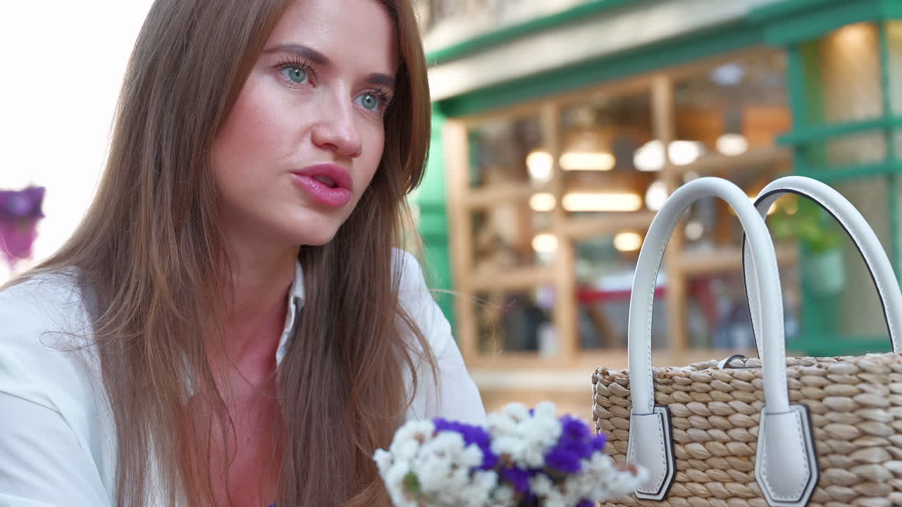 Brunette woman talking at a table with flowers on it, at an outdoor cafe