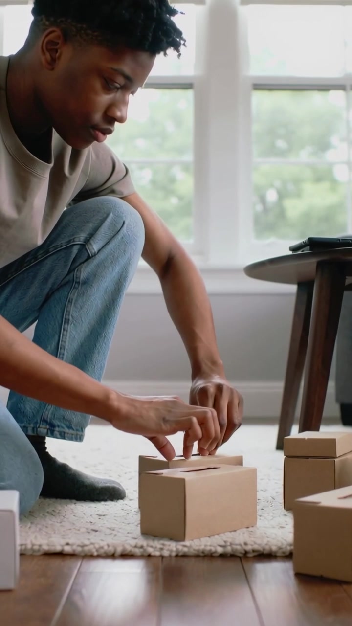 Vertical video: Picking up box, Black teen kneeling at home sorting cardboard boxes into neat group