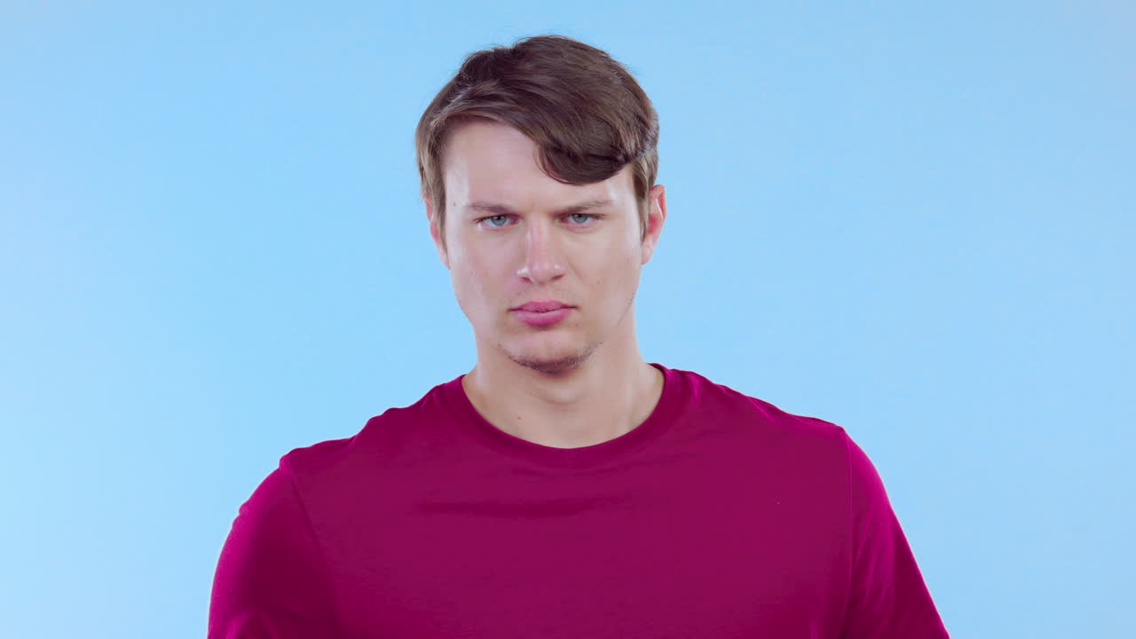 Stop, hand and face of a man in a studio