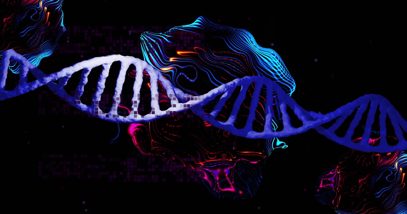 Doppia elica che ondeggia e scorre apparendo come una banda di pixel, avviando la scansione e mostrando dati molecolari.