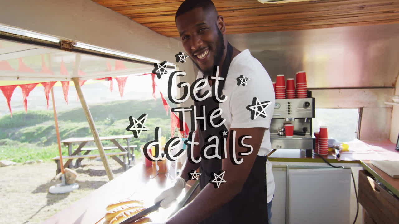Preparing food at outdoor stand, man cooking with animation for school project