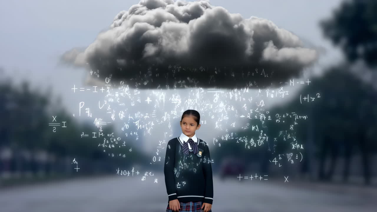 A girl under a cloud of mathematics equations