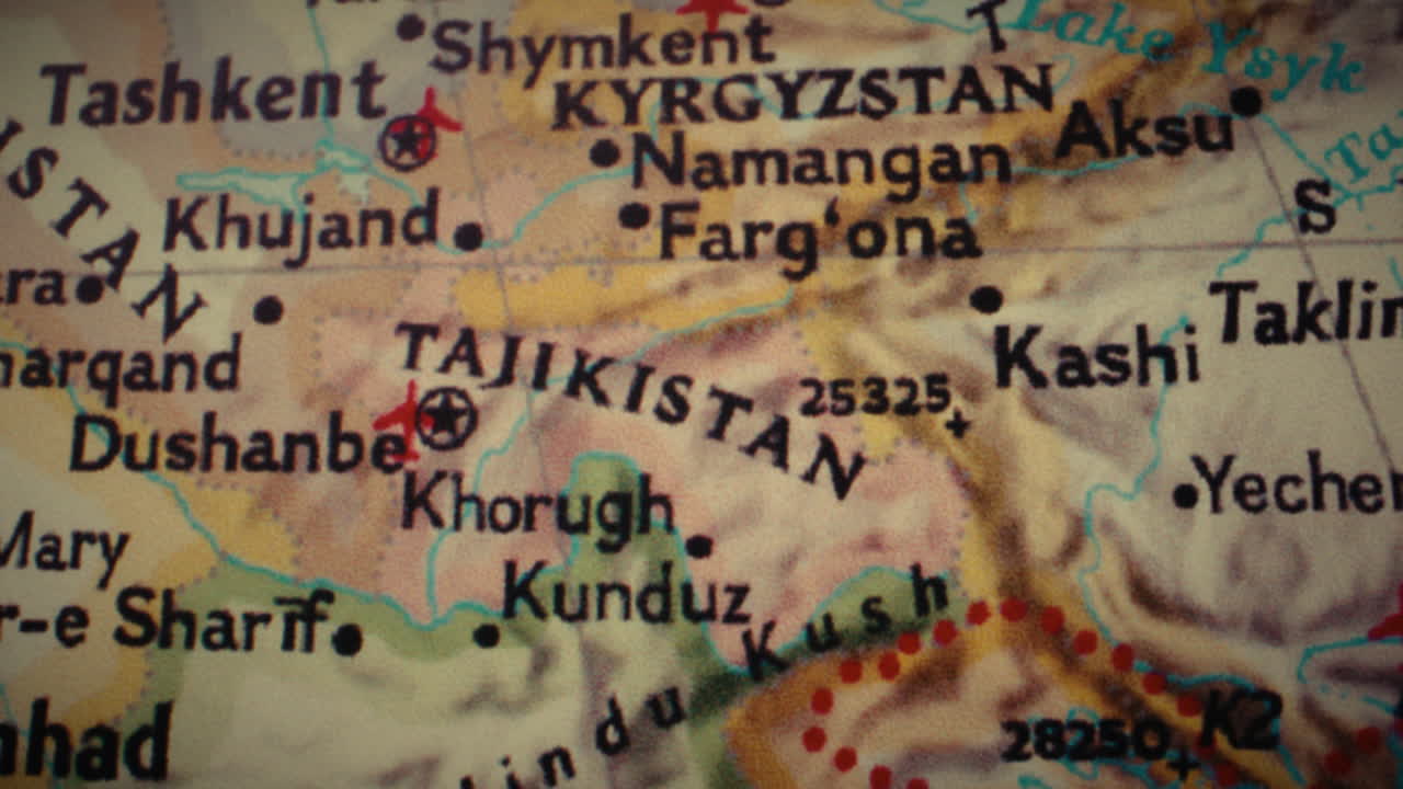 Close-up of a map showing Central Asian countries