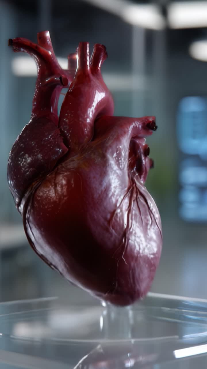 Close-up of a realistic anatomical heart model showcasing intricate structures and details, illuminated to emphasize its features in a scientific setting