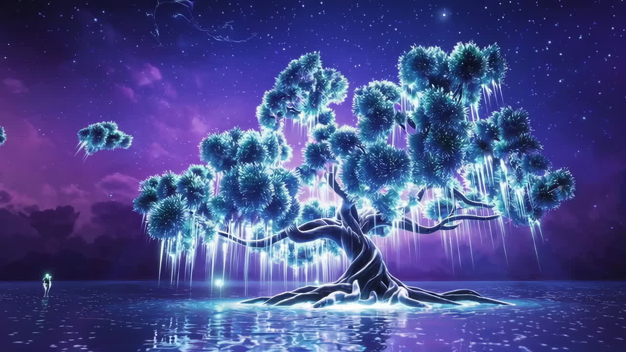 Mystical Glowing Tree in a Starry Night