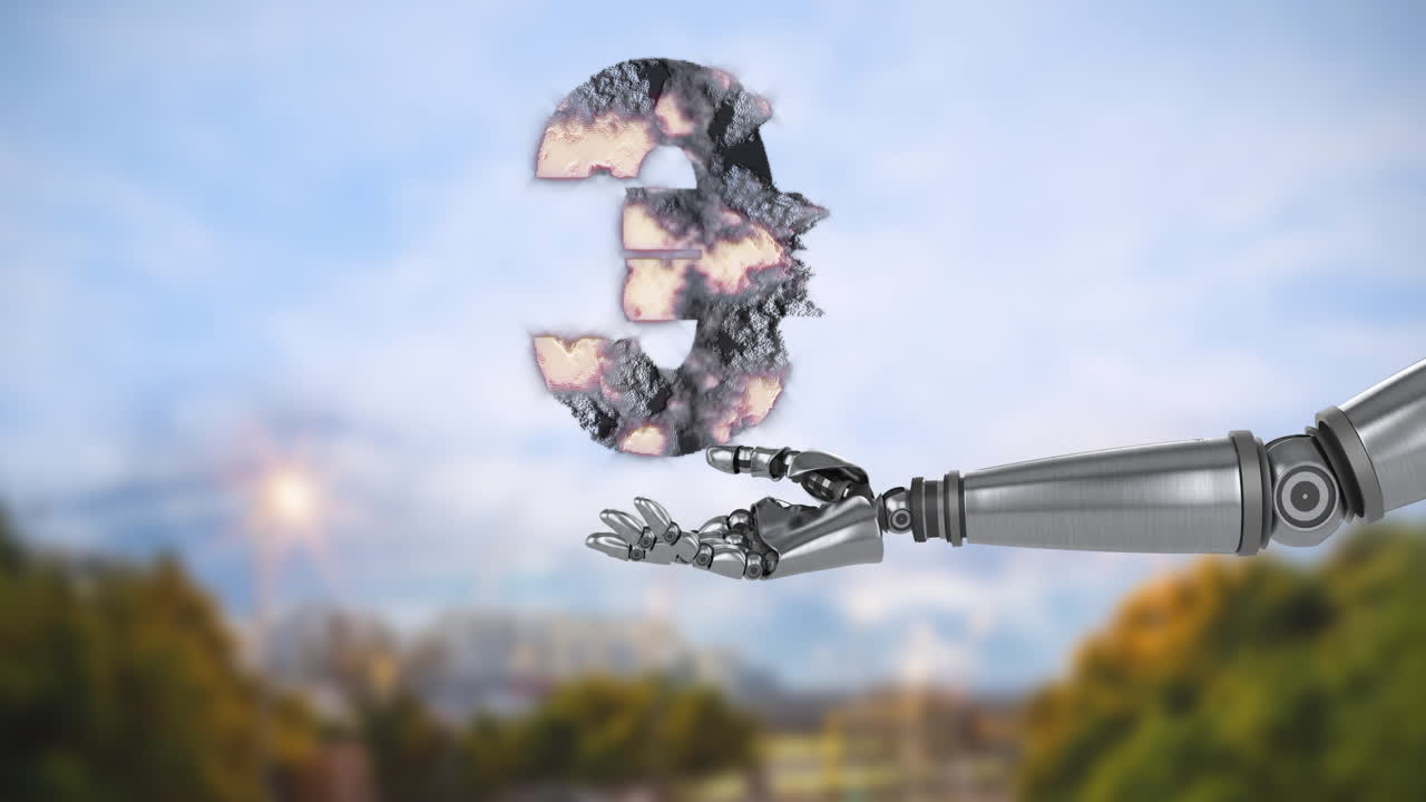 mano de robot con el símbolo del euro en llamas animación sobre el fondo borroso del paisaje urbano
