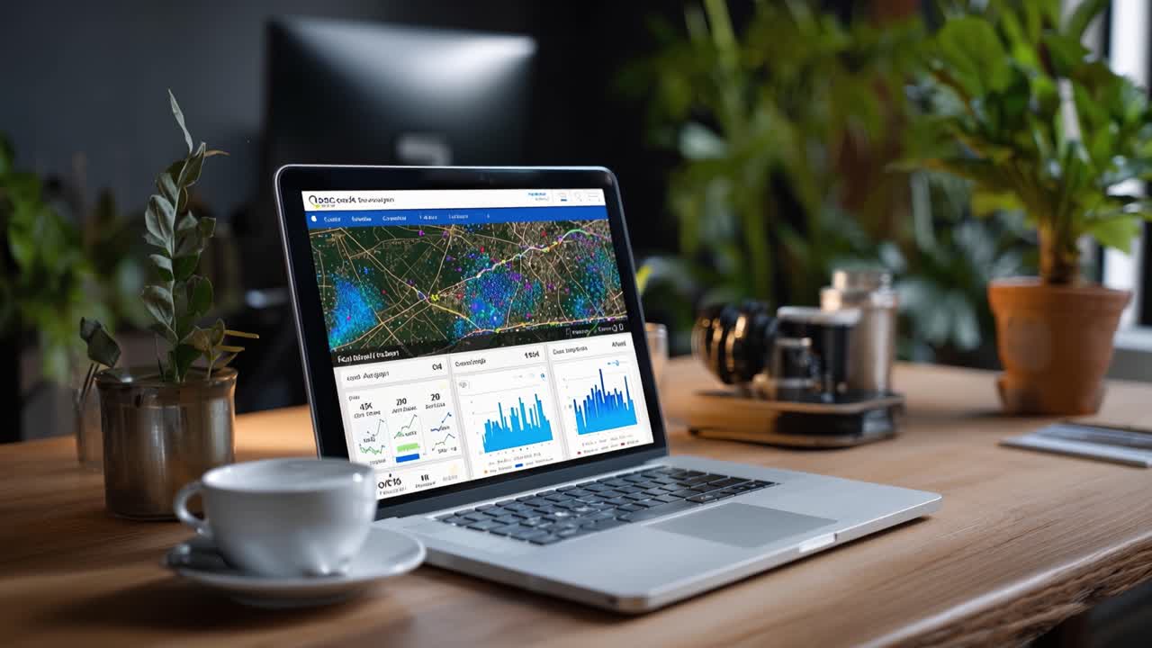 A Modern Workspace Displaying Analytical Data on a Laptop with Greenery and Coffee, Perfect for Professionals Looking for Insights and Productivity