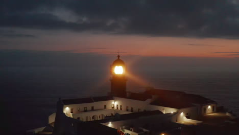 Ponta-da-Piedade-Lighthouse-in-Lagos-Algarve,-Portugal.-Aerial-drone-flying-backwards-reveal-amazing-sea-coast-landscape,-cloudy-evening-dusk