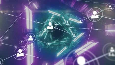 Animation of network of connections over neon geometrical shapes