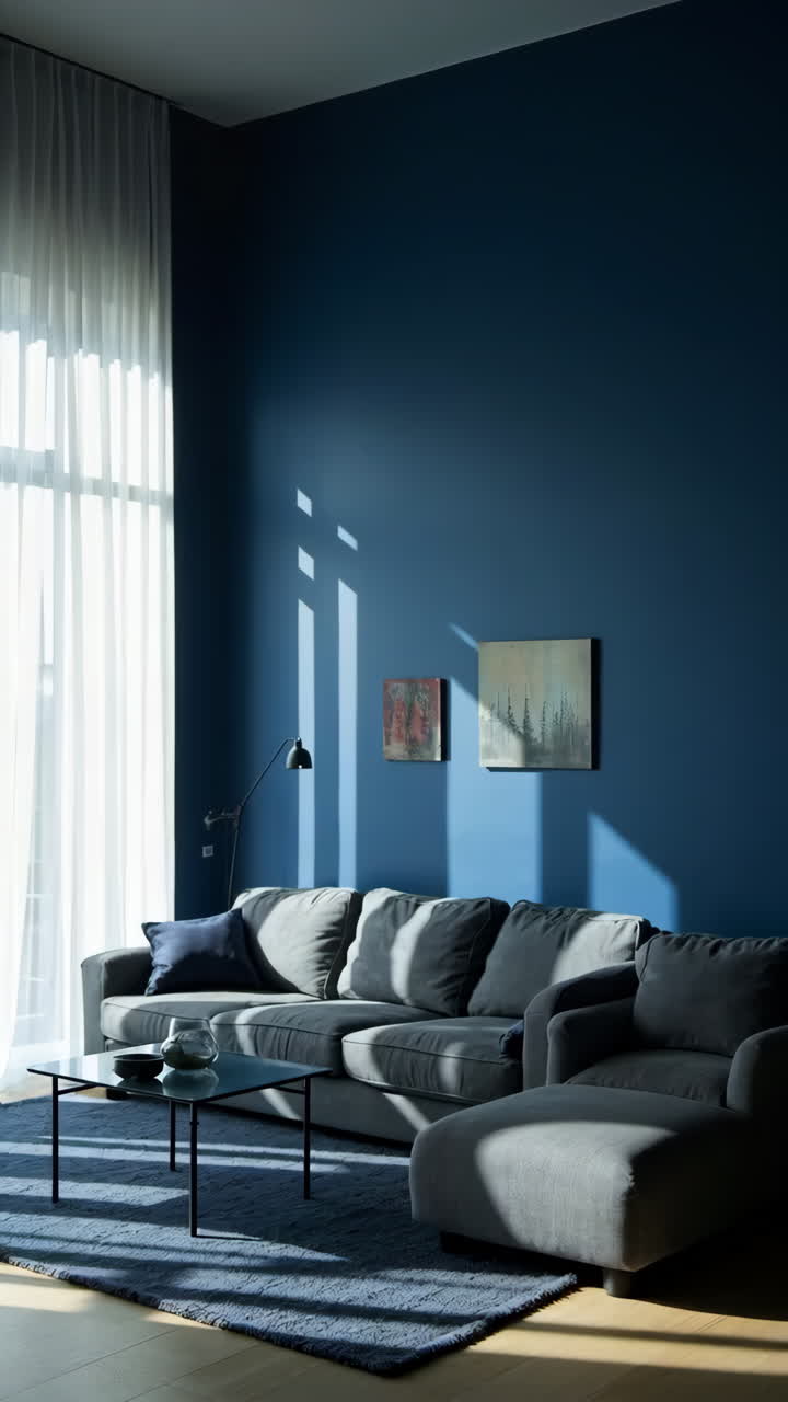 Modern living room with a striking blue wall and grey sofa illuminated by sunlight