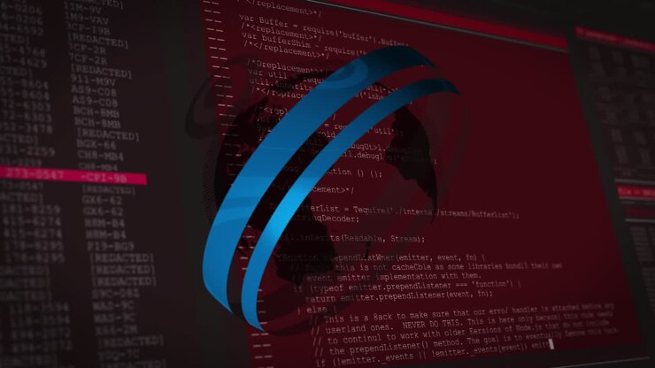 Animation of circles around globe and computer language with interface over black background