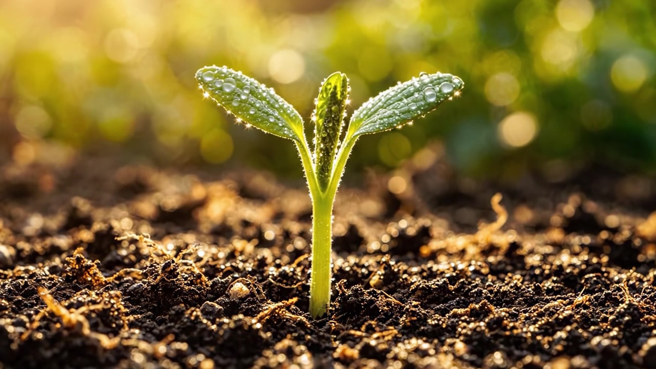 Un viaggio di crescita: dal terreno fertile a una piantina vibrante che fiorisce nel calore della luce solare, catturato in due scatti dinamici.