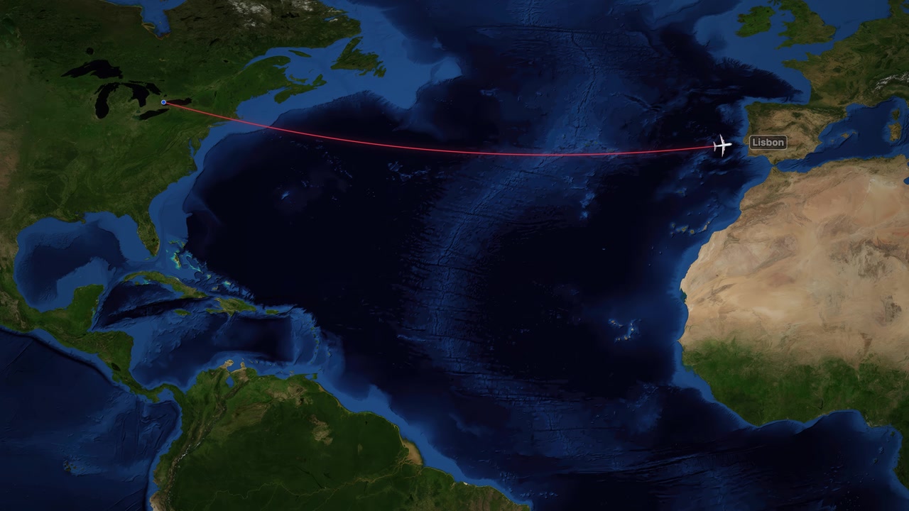 A digital airplane icon travels across the Atlantic Ocean on a world map background
