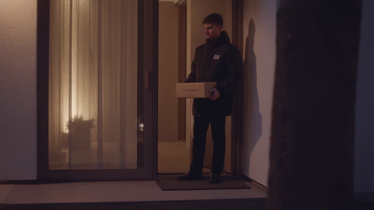 Delivery person leaving a package at a customer's doorstep at night