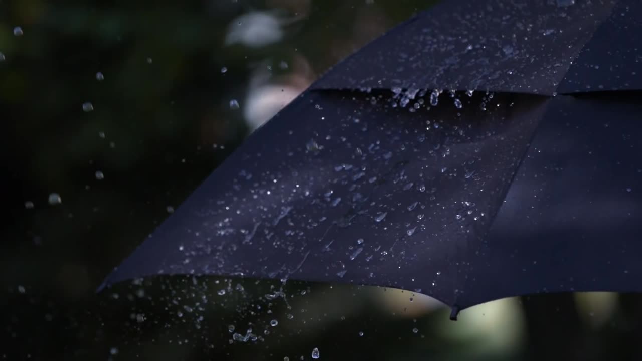 Slow Motion Rain Falling HD on Black Umbrella with Heavy Raindrops Hitting and Bouncing off Brolly Video Footage