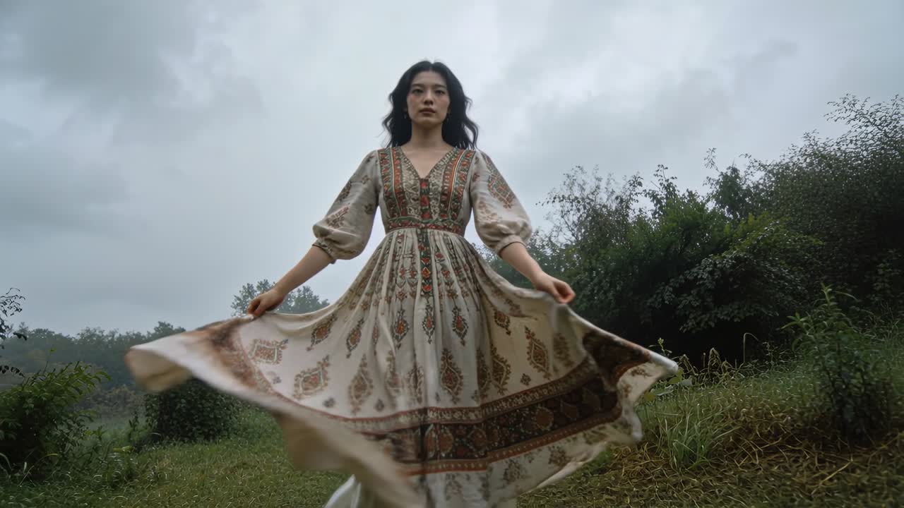 Iniciando um rodopio, mulher com vestido estampado caminhando em direção à câmera em um prado, modelando e revelando a barra.