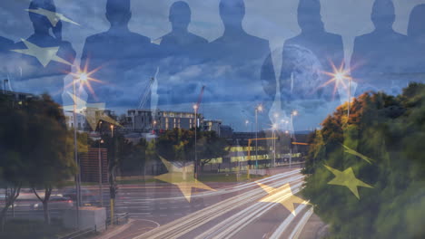 animation of european union waving flag over cityscape