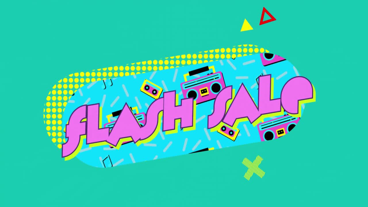 animación del texto de venta flash sobre un fondo de patrón vibrante retro