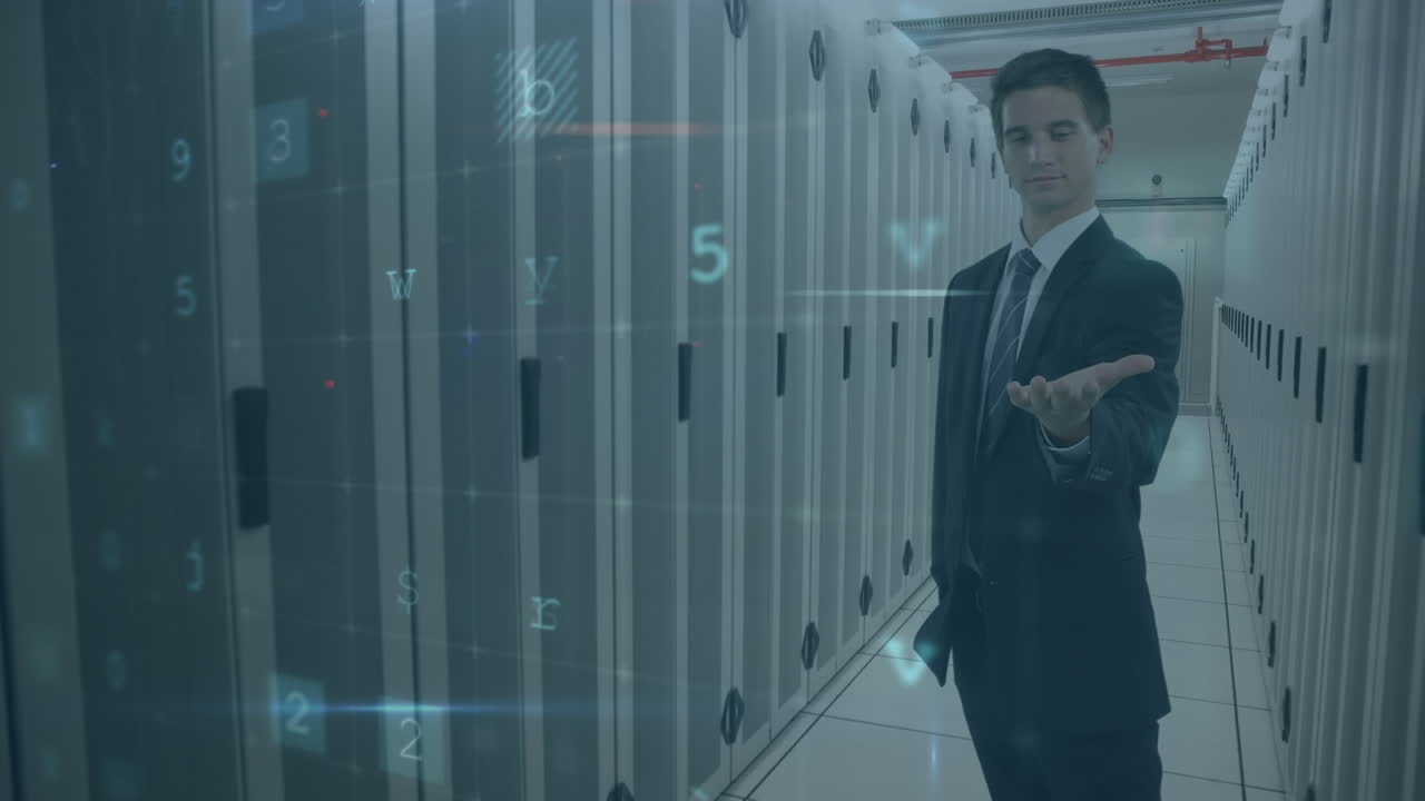 Animation of cyber attack warning over caucasian businessman in server room